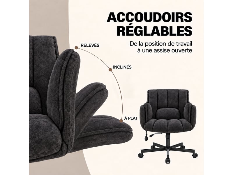  Fauteuil ergonomique tissu accoudoirs rabattables, coussin lombaire gonflable, assise large, pivot 360° 150kg-noir  - Conforama C