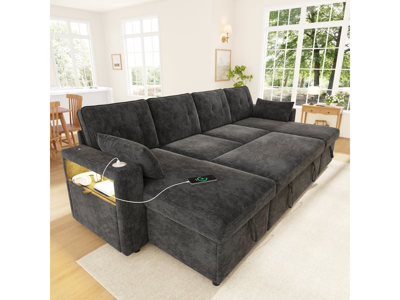 Canapé d’angle convertible 4 places 273 x 131 x 83 cm, en u, double méridienne, coffre, led, usbtype-c, rangement accoudoirs, chenille, gris Bliss Lite - Conforama B