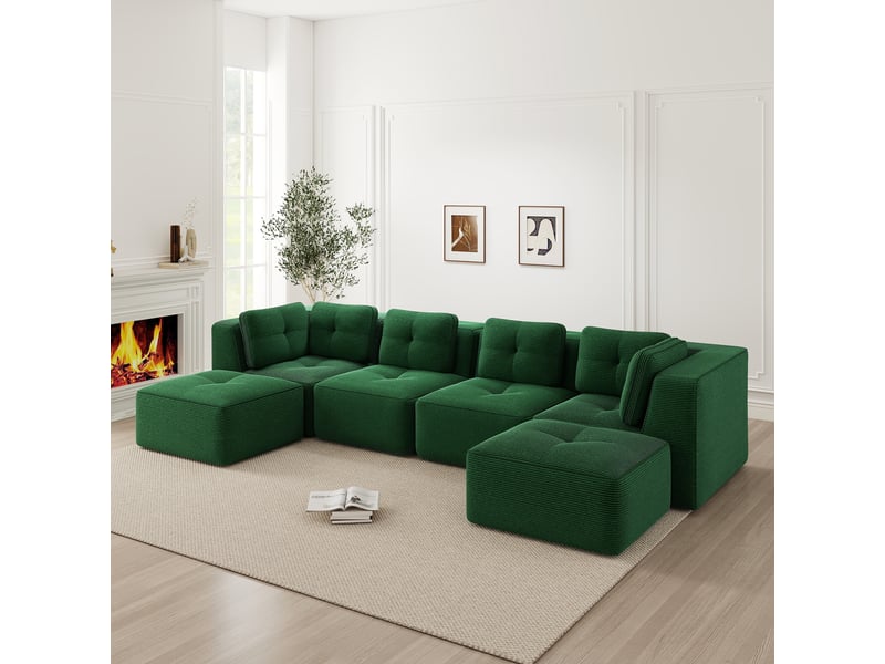 Canapé d'angle modulaire sans montage avec base antidérapante et accoudoirs larges en velours côtelé vert  - Conforama D