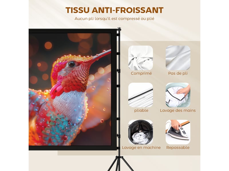  Écran de projection avec trépieds 120 pouces 16:9 hd 4k8k, écran videoprojecteur portable, 309x62x217cm, blanc et noir  - Conforama E