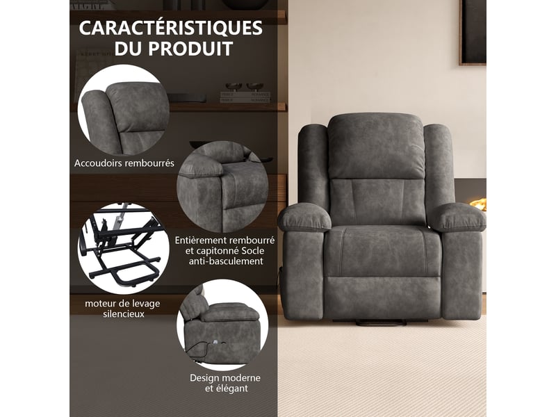  Fauteuil relax électrique - 93x93x106cm - fauteuil de massage 8 points avec chauffage et fonction relevable - gris foncé  - Conforama D