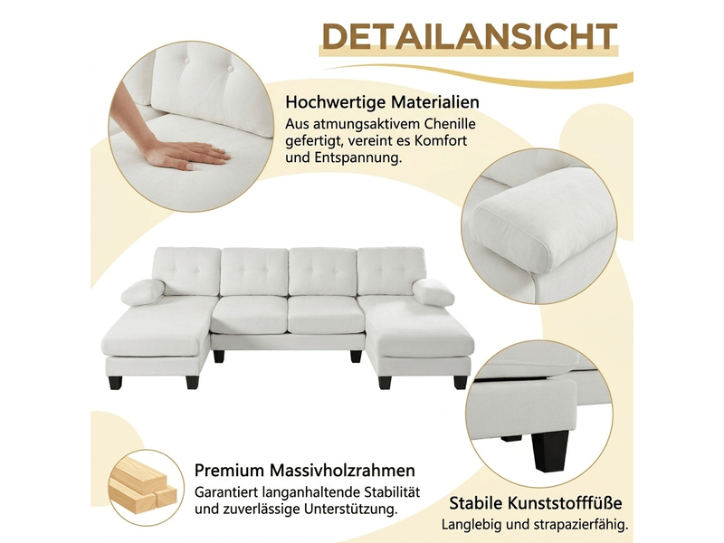 Canapé panoramique 4 places en forme de u, revêtement chenille beige, dossier capitonné et structure stable pour salon moderne - Conforama D