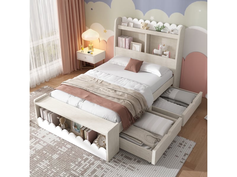 Lit enfant avec rangement 90 x 190 cm, tiroirs de rangement, étagères de rangement, banquette avec rangement, bois massif et mdf, blanc et chêne clair ABC - Conforama B