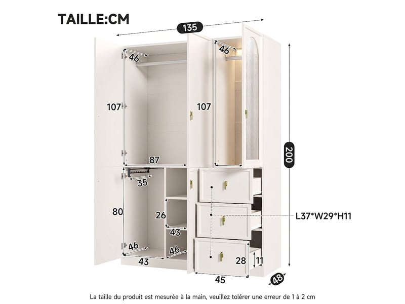  Coiffeuse avec miroir led dimmable et rangement bijoux rotatif, table de maquillage blanche 115x40x142 cm  - Conforama W