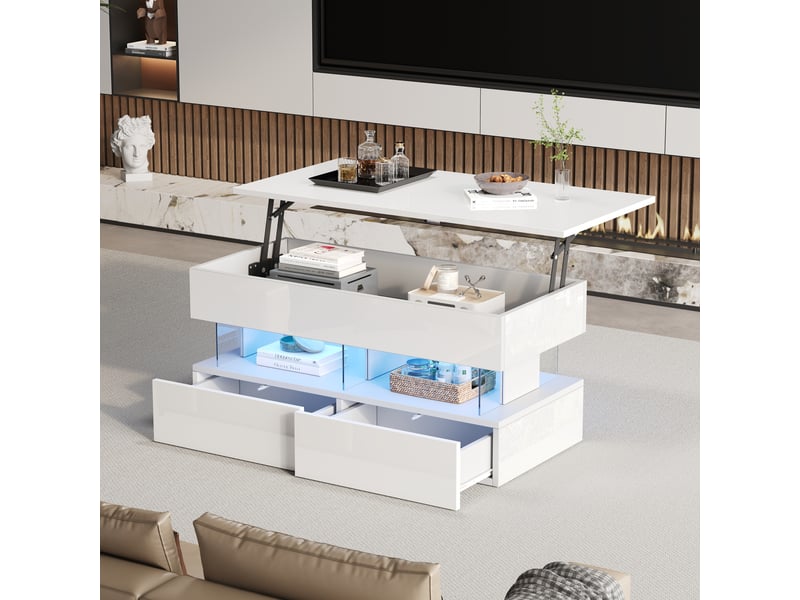  Table basse relevable blanche 100x50x46 cm avec rangement caché et 2 tiroirs, éclairage led bluetooth  - Conforama C