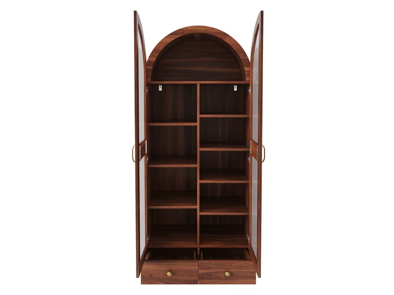  Vitrine arquée 76x40x180 cm noyer avec portes vitrées, rangement multi-niveaux et 2 tiroirs Fay Lum - Conforama D
