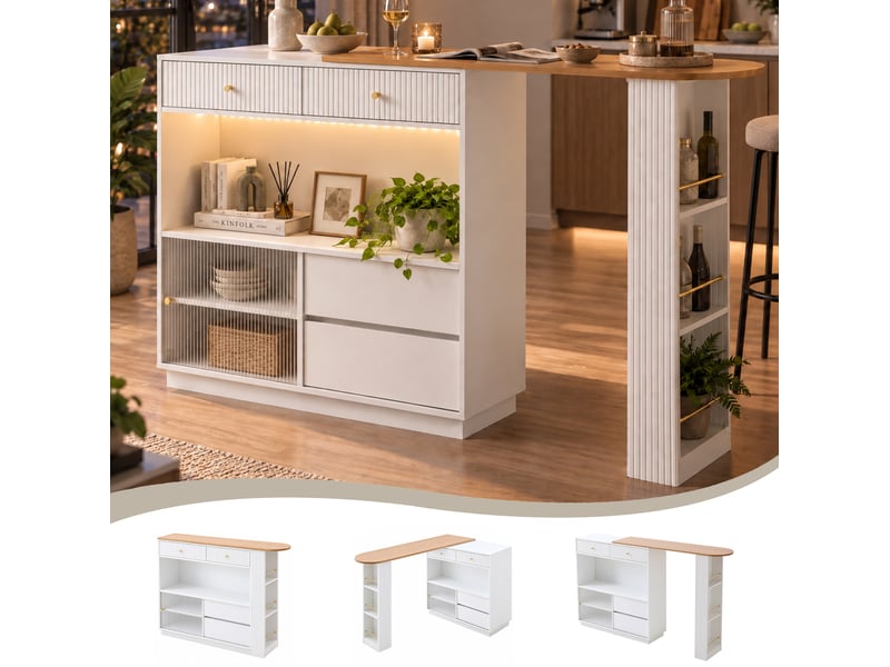  Îlot de cuisine 120 x 30 x 100 cm avec plateau pivotant à 360°, rangements et éclairage led, blanc  - Conforama B