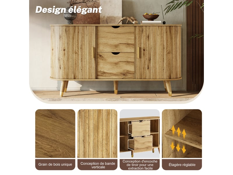  Commode deux tiroirs et deux portes coulissantes, 140 x40 x 79,5 cm, avec veinage vertical, pieds en bois massif et élément d'angle arrondi  - Conforama E