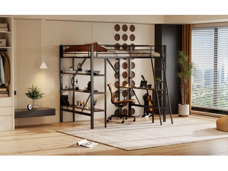  Lit mezzanine 90 × 200 cm, bureau intégré, rangements, noir  - Conforama B