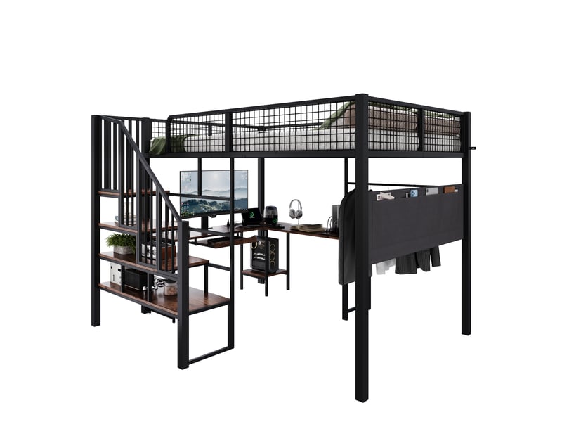  Lit mezzanine 140 x 200 cm en métal, bureau d’angle en l, escalier, tablette clavier, port de charge, poche latérale, noir evarich - Conforama A