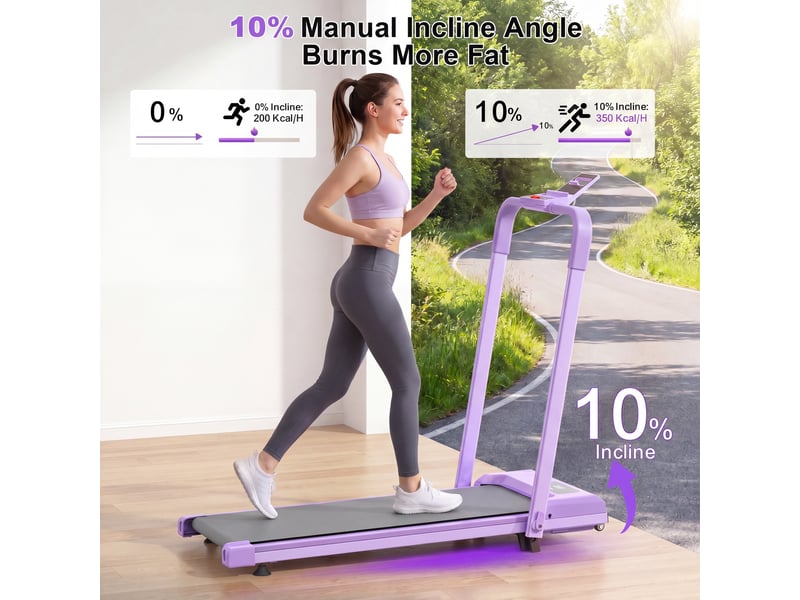  Tapis de course pliant 114x60x98.5cm - walking pad 3-en-1, inclinaison 10%, charge 120kg, app bluetooth zwift - violet  - Conforama C