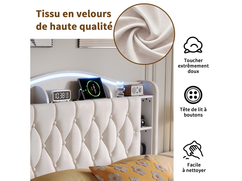 Kefsr lit coffre 140x190 cm en velours beige - lit adulte 2 places avec sommier relevable, éclairage led rgb, tête de lit avec rangement et prise usb charge sans fil - Conforama E