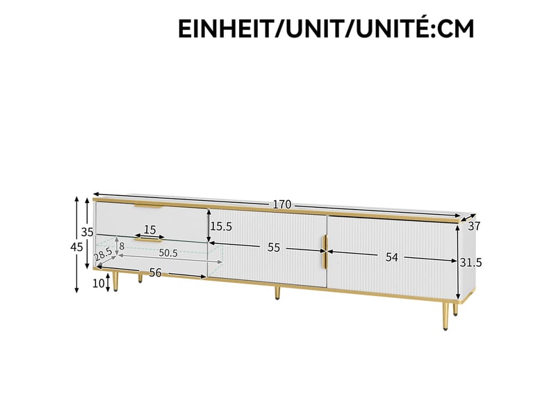  Meuble tv bas 170 x 37 x 45 cm avec 2 tiroirs et 2 portes, blanc et doré  - Conforama C