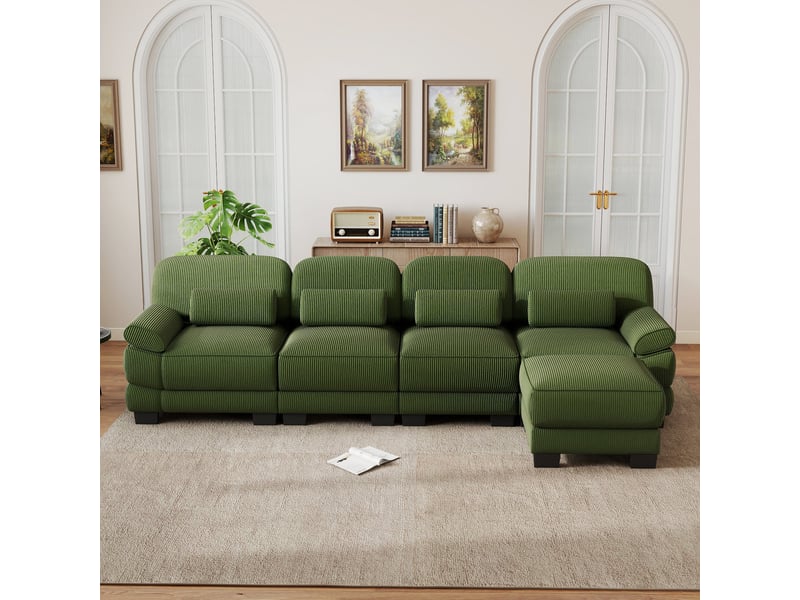  Canapé d’angle 4 places en l, structure renforcée, avec 1 pouf, assise confortable et profonde, combinaison modulaire libre, 336 × 161 × 94 cm, vert  - Conforama B