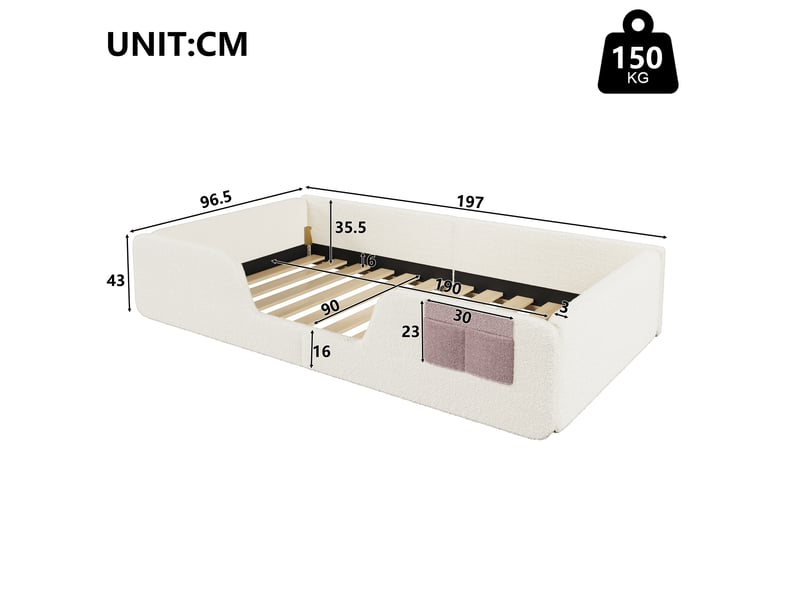 Lit enfant 90x190 cm, lit simple rembourré en velours beige, barrières de sécurité amovibles, côtés rembourrés, poche de rangement intégrée - Conforama E