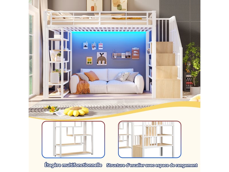 Lit mezzanine enfant 90x200 cm, escalier rangement, garde-corps, led multicolore, métal et mdf blanc sans matelas - Conforama D