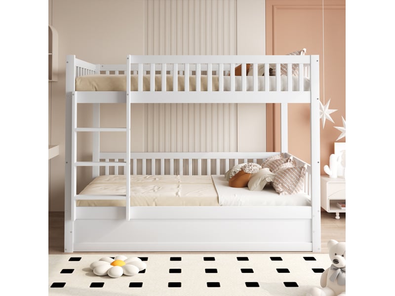 Lit superposé enfant 90x200 cm avec rangement hydraulique coloris blanc - Conforama E