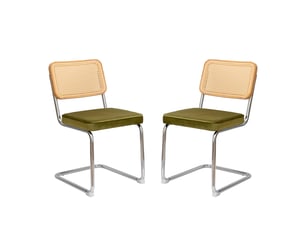 Lot de 4 chaises de salle à manger en velours vert, dossier en rotin et pieds en acier chromé, style cantilever