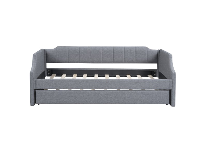  Lit gigogne 90x200 cm, lit enfant avec dossiers et accoudoirs, tissu en lin, gris, sans matelas  - Conforama E