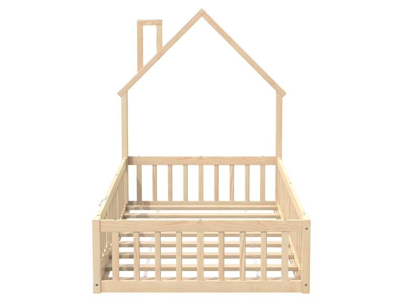 Lit cabane enfant 90x200 cm en pin naturel, style minimaliste, forme cheminée, sommier à lattes - Conforama A