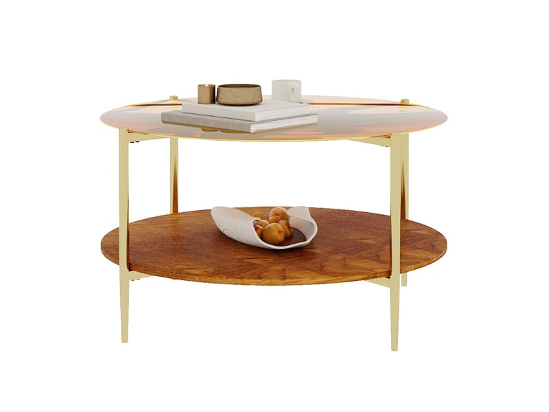 Table basse ronde 82 cm en verre trempé doré et bois - Conforama D