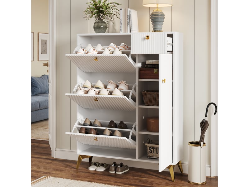  Meuble à chaussures avec 3 abattants, 1 tiroir, 1 porte et étagères réglables pour entrée, 90×25×121 cm, blanc  - Conforama C