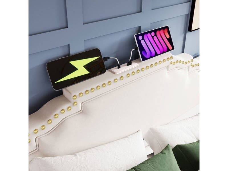  Lit double rembourré avec rangement - 160x200 cm - velours - beige - 4 tiroirs - éclairage led - port usb-c  - Conforama E