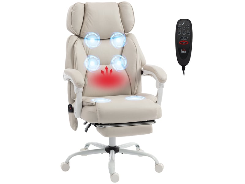  Fauteuil de bureau inclinable avec massage vibrant à 6 points, chauffage lombaire, appui-tête et repose-pieds réglables - crème  - Conforama A