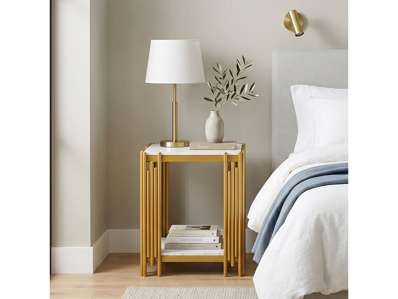  Table d'appoint double plateaux en métal avec effet marbre, pieds à tiges verticales, design moderne pour salon et chambre  - Conforama E