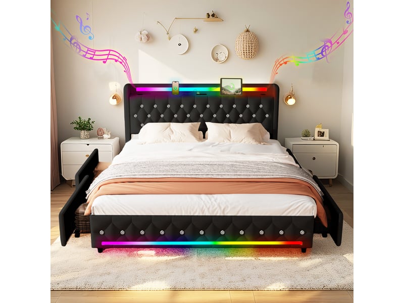  Lit 2 places 160x200 cm noir avec bluetooth, 4 tiroirs, led, ports usb+type-c sans matelas EBD852Q-BK - Conforama C