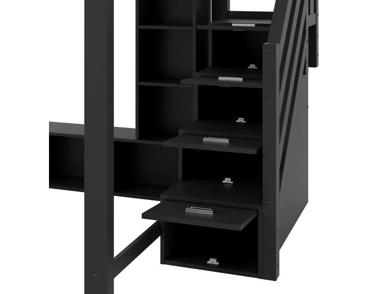  Lit mezzanine 140x200 avec bureau, escalier de rangement et led, en contreplaqué et mdf noir pour chambre enfant  - Conforama R