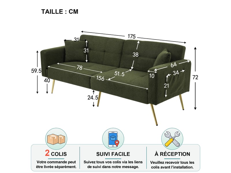  Canapé convertible avec dossier réglable et poches latérales en tissu bouclette vert antique, 175 × 64 × 72 cm  - Conforama D