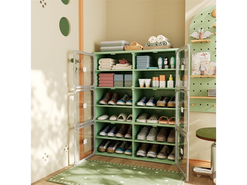  Meuble à chaussures 85x33.5x104.3cm - étagère pliable 2 colonnes 6 niveaux - meuble de rangement en plastique - vert et blanc  - Conforama D