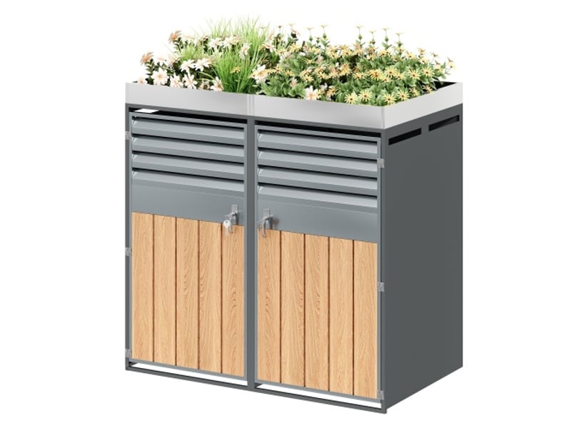 Placard à poubelles avec jardinière - gris et bois - acier galvanisé - verrouillable 132x80x124.5cm - Conforama A