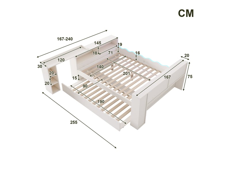  Lit gigogne 140x200 cm avec couchage 90x190 cm, rangements et led, blanc  - Conforama E