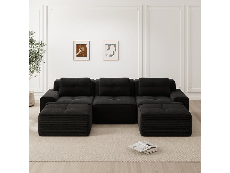  Canapé d'angle, canapé modulable; en velours tricoté, forme u, 3 places, noir, style cloud, sans cadre, avec pouf, sans montage  - Conforama R