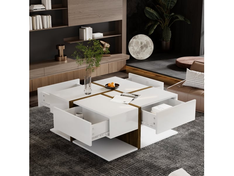  Table basse carrée avec 4 tiroirs et tablette inférieure, blanc et effet bois brillant  - Conforama B