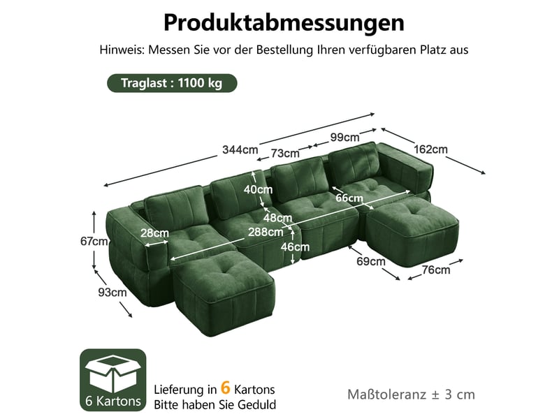  Canapé modulaire en u 4 places avec 2 repose-pieds mousse 32d base antidérapante sans montage en polyester vert  - Conforama C