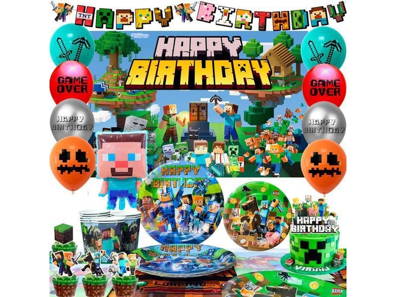 Décoration anniversaire minecraft lot avec bannière, assiettes, gobelets, serviettes, toppers et ballons - Conforama A