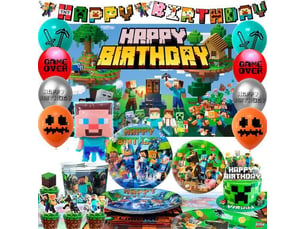 Décoration anniversaire minecraft lot avec bannière, assiettes, gobelets, serviettes, toppers et ballons