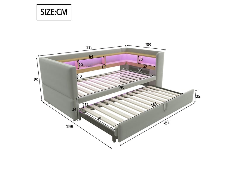  Lit banquette rembourré extensible 90x190 à 180x190 cm avec rangements, led multicolore, prises électriques, sommier à 24 lattes, flanelle gris clair Radiant Stride - Conforama C