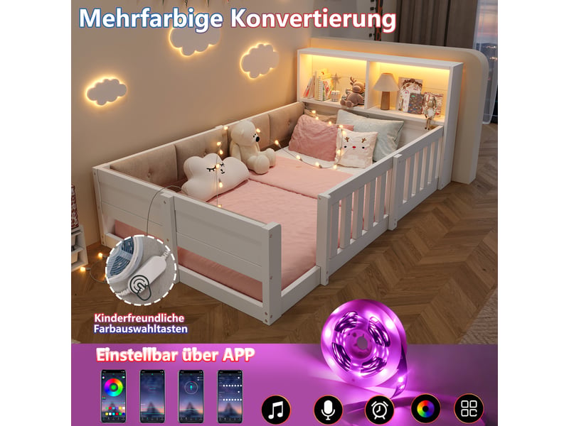  Lit enfant simple 90×200 cm avec barrières, led et étagères  - sans matelas, panneaux de particules blanc  - Conforama E
