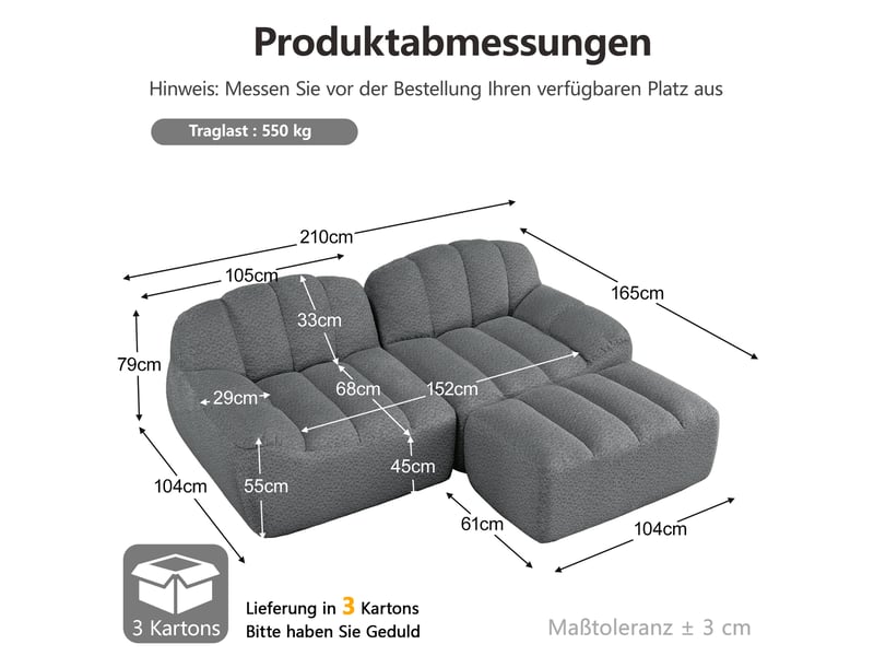  Canapé d'angle modulaire 2 places avec ottoman en tissu bouclette gris  - Conforama E