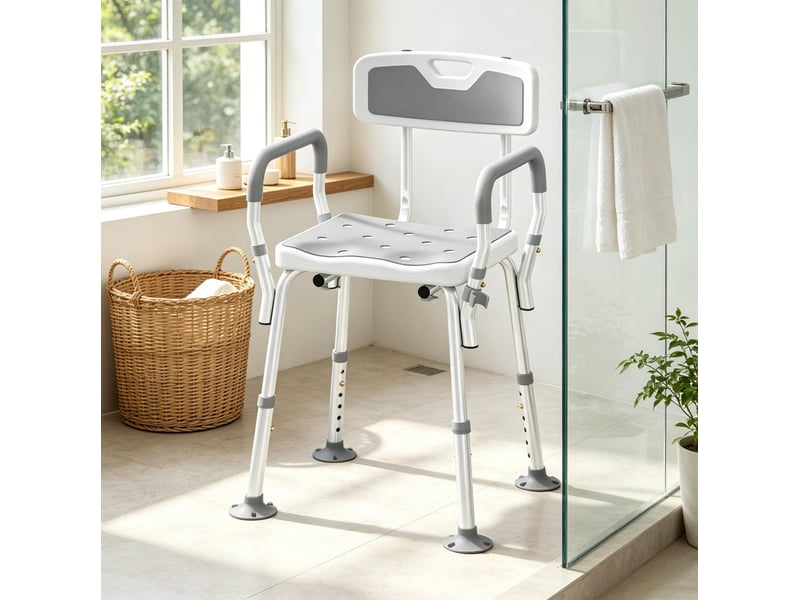 Chaise de douche ergonomique 56,5 x 53,5 cm - blanc et gris - hauteur réglable, accoudoirs et dossier - Conforama B
