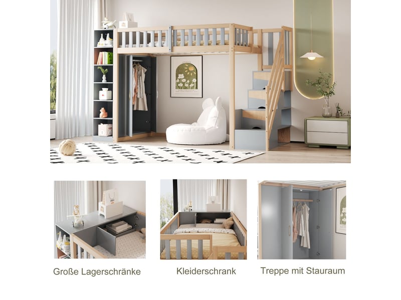  Lit mezzanine 90x200 cm avec armoire et escalier de rangements - lit 1 place - cadre en bois massif gris et naturel multifonctionnel  - Conforama E