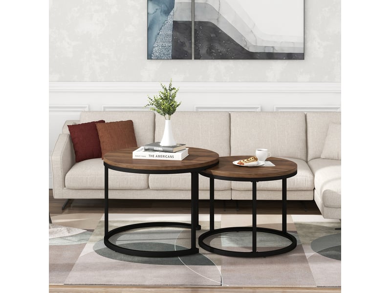  Lot de 2 tables basses rondes gigognes en mdf coloris noyer et noir  - Conforama C