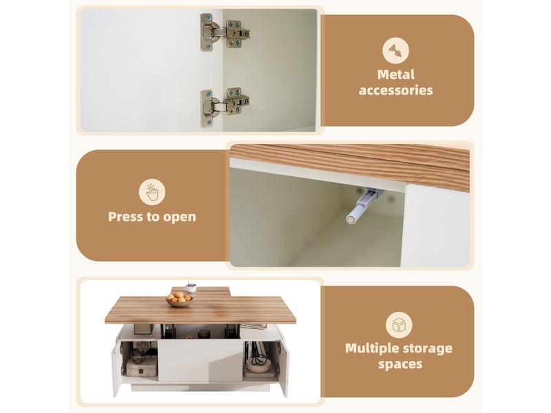 Table basse relevable à double plateau avec 2 portes pour salon en panneaux de particules 100×50×55,5 cm blanc et bois - Conforama C