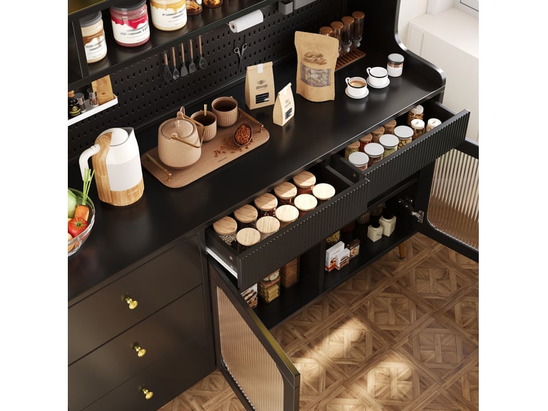  Buffet haut noir  145 x 39 x 171 cm avec éclairage led et commande par application, verre strié  - Conforama E