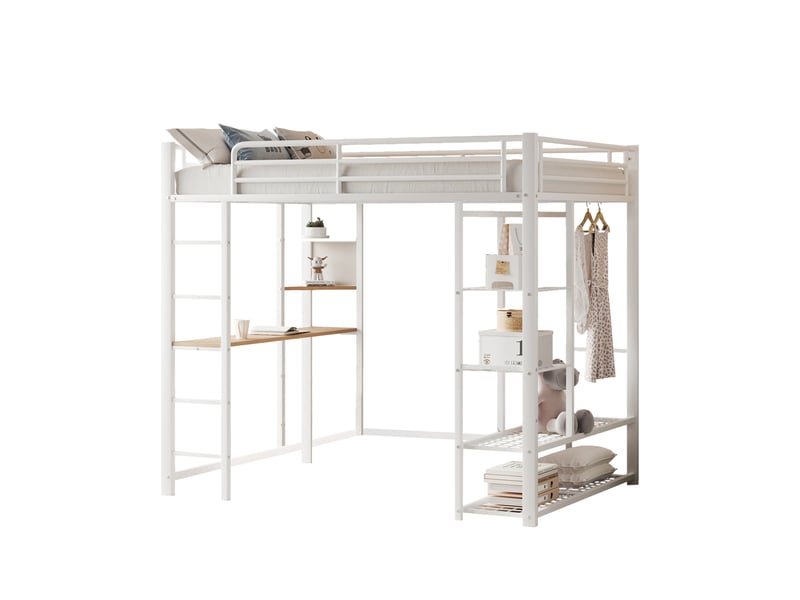  Lit mezzanine enfant 90x200 cm, table, étagère, garde-corps, sommier, métal blanc, sans matelas  - Conforama A