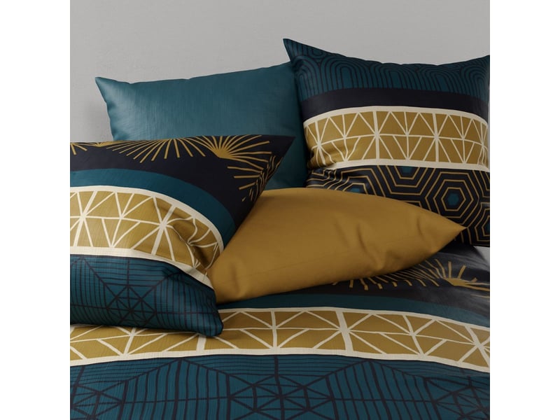  Parure housse de couette 260x240cm + 2 taies motif art-déco bleu et ocre 100% coton - lorik LORIK - Conforama D